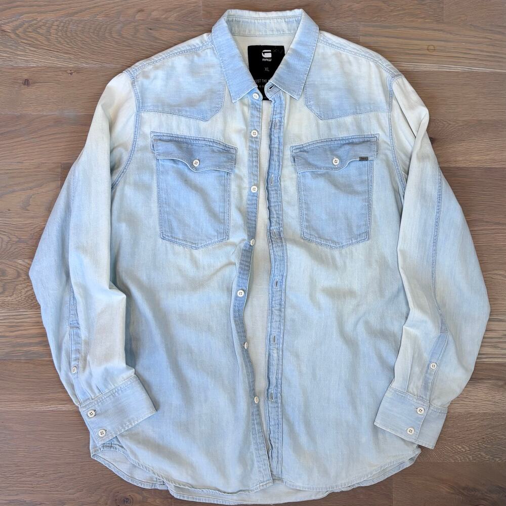 G Star Raw Western Denim Shirt Button Up Faded Light Wash Mens Size XL